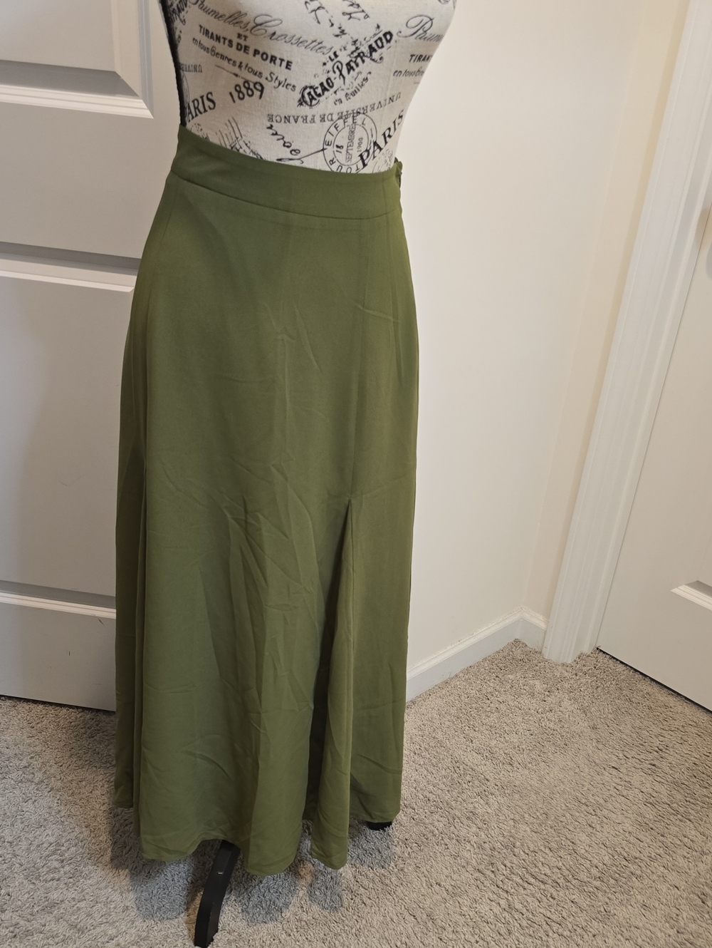 Commense Olive Green Maxi Skirt with Front Slit Detail